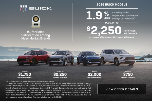 1.9% APR 
FOR WELL-QUALIFIED BUYERS when you finance through GM Financial.1

Plus, up to $2,250 P...